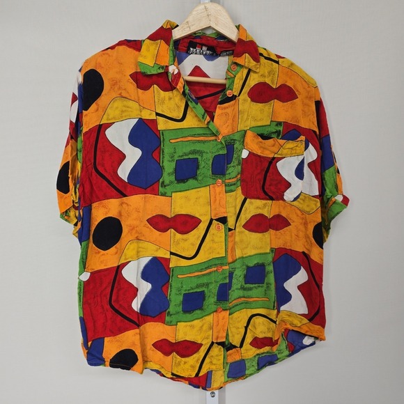 Vintage Tops - Tribes For Her Vintage 90s Abstract Geometric Button Down Shirt Womens Large L